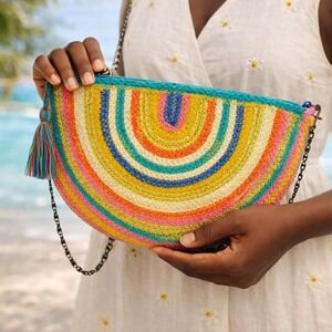 Boho Rainbow Clutch Purse Sparkle Metallic Tassel Crossbody Bag